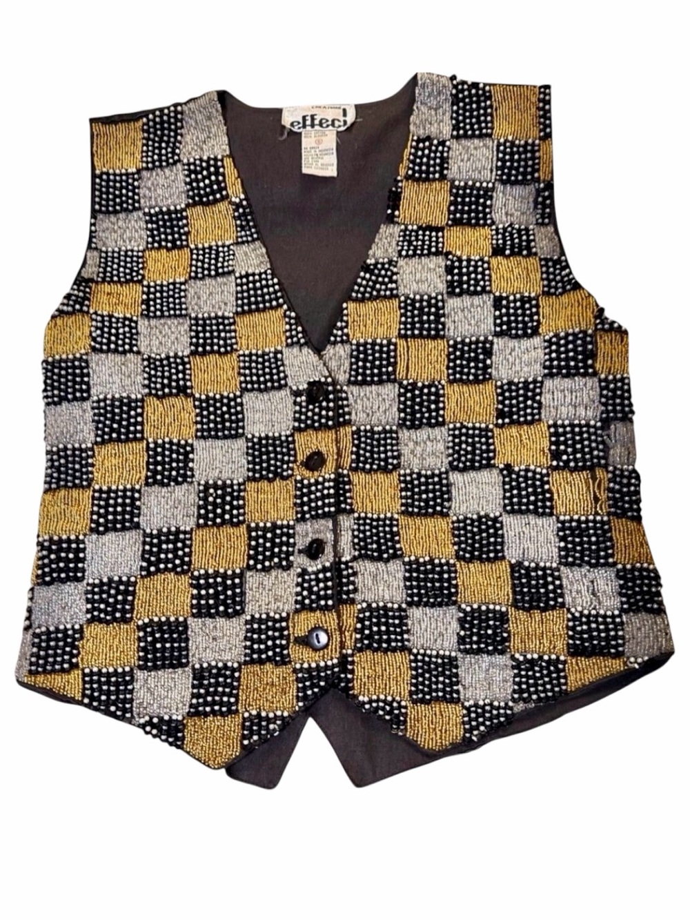 Vintage Effeci Beaded Checkerboard Vest Womens‎ S Black Gold 80s